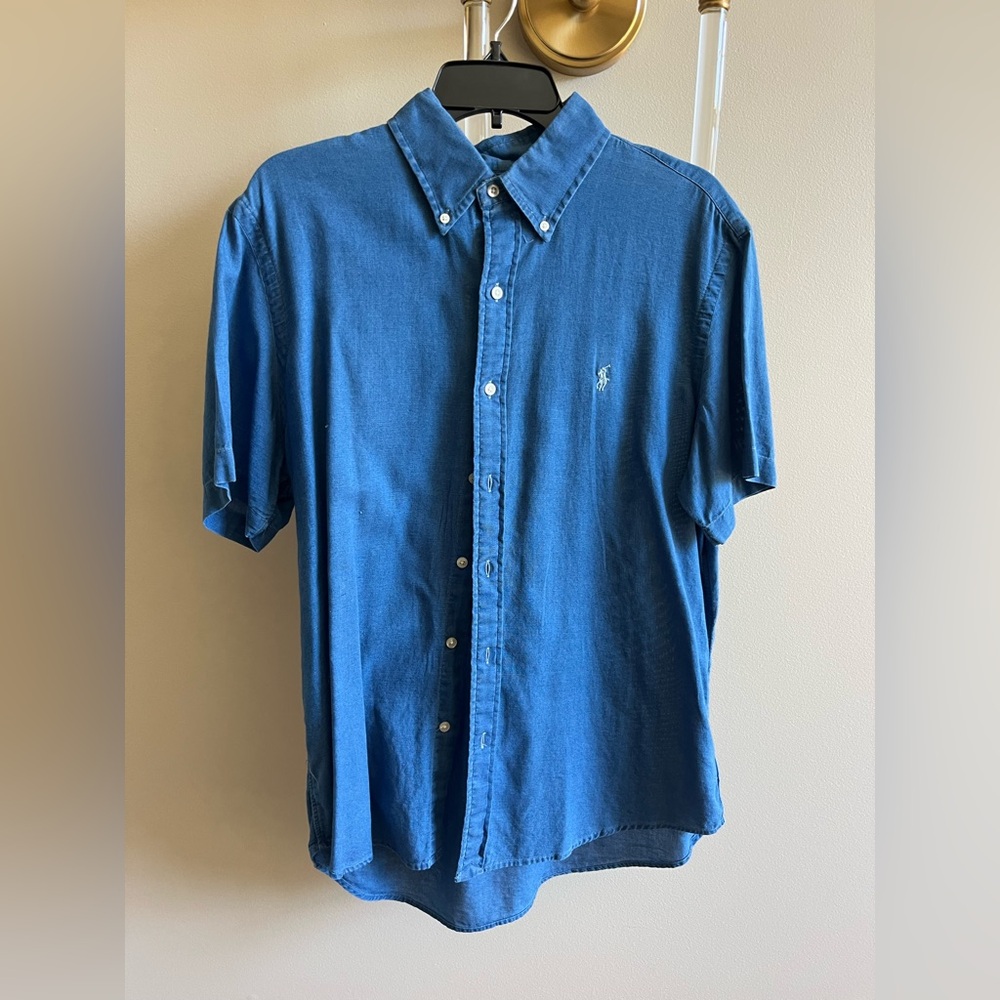 Polo Ralph Lauren Blake Short Sleeve Button Down indigo Oxford Cotton Sz Large